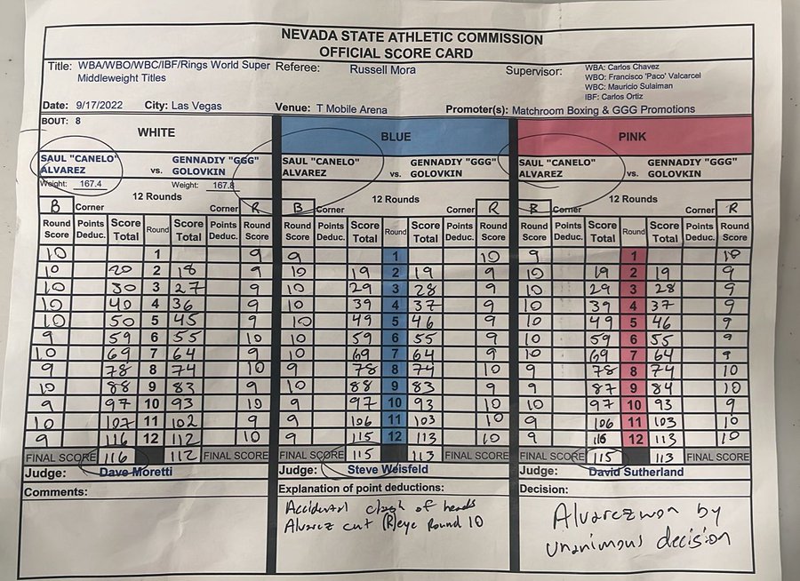 Alvarez - Golovkin 3. Notes of the judges after the fight